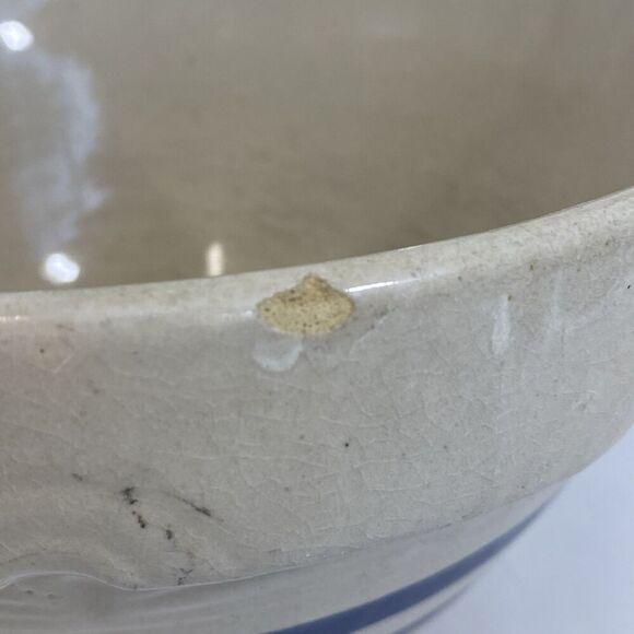 Vtg RRP ROSEVILLE OHIO POTTERY STONEWARE MIXING BOWL Blue Stripes 10” Farmhouse - Picture 4 of 11